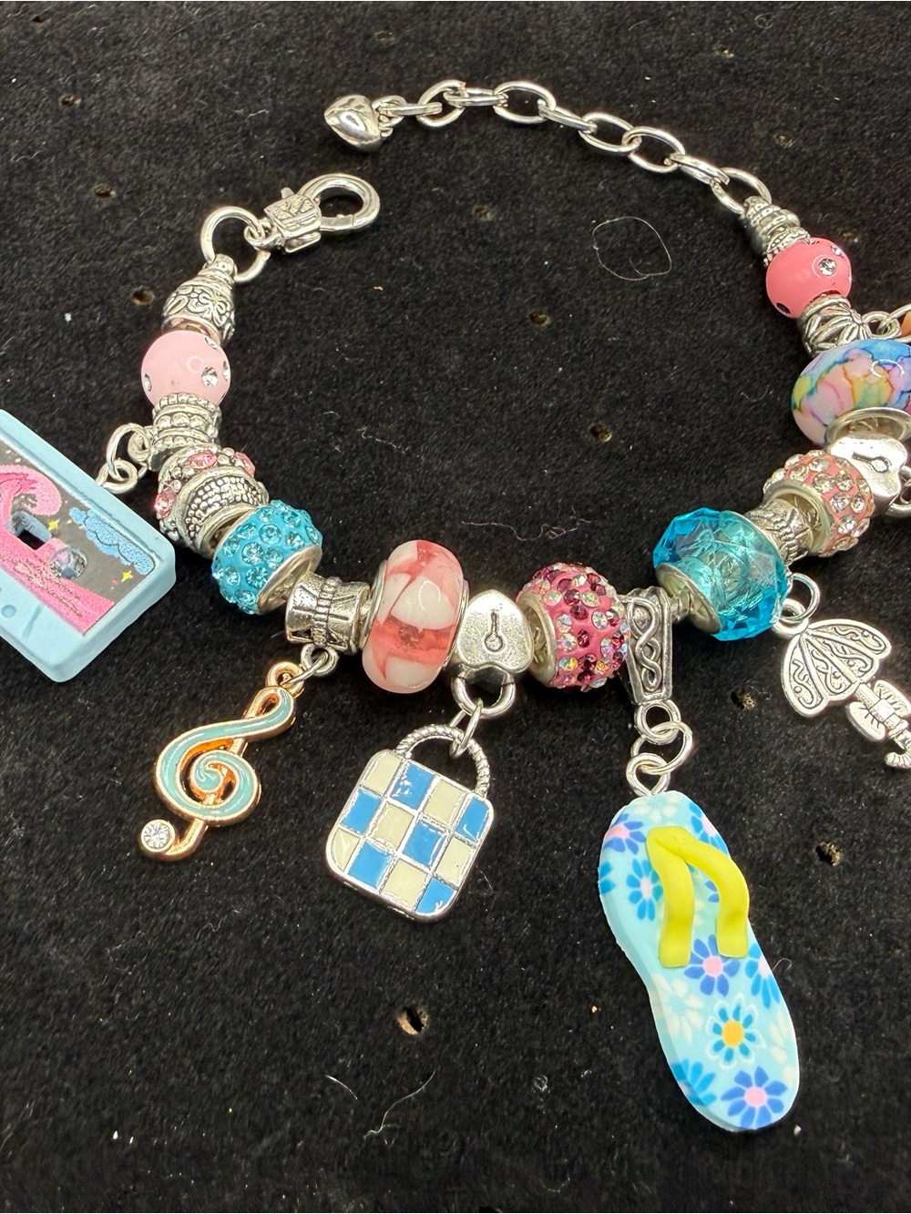Pale Pink & Blue Summer Silver Snake Chain Charm Bracelet -Flip flop & Cassette